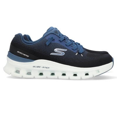 Ténis desportivos Skechers azul escuro e azul com sola branca e logo prateado