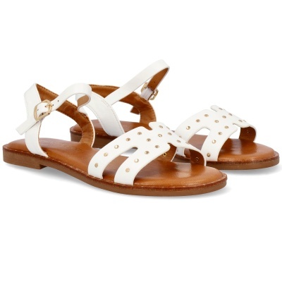 Sandálias femininas brancas com rebites dourados e solado castanho