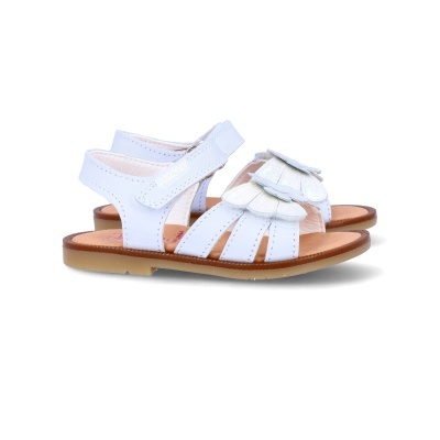 Sandálias infantis brancas com flores e sola castanha