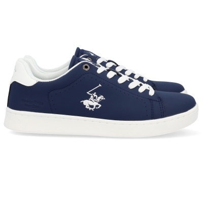 Sapatilhas desportivas azul-escuro com sola e atacadores brancos e bordado branco de cavaleiro
