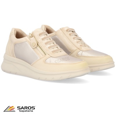 Ténis femininos bege claros Saros Sapataria com fecho lateral e atacadores elásticos