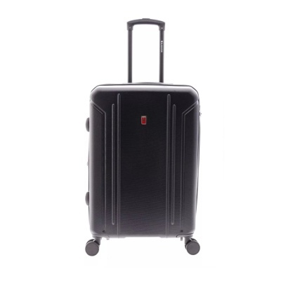 Mala de viagem rígida preta com rodas e pega extensível.