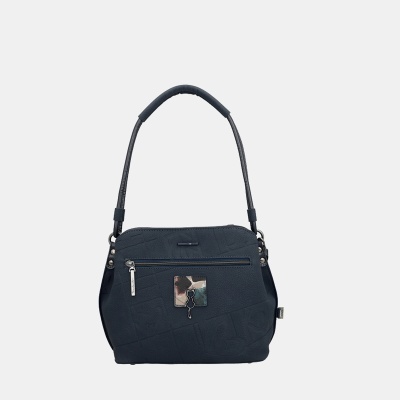 Mala de ombro azul escuro com fecho metálico e bolso exterior