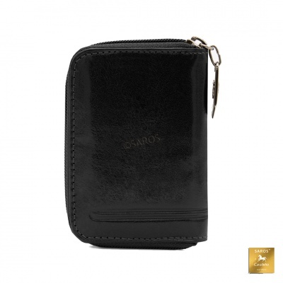Carteira preta de couro com fecho de correr e etiqueta dourada SAROS GRANDE COLEÇÃO
