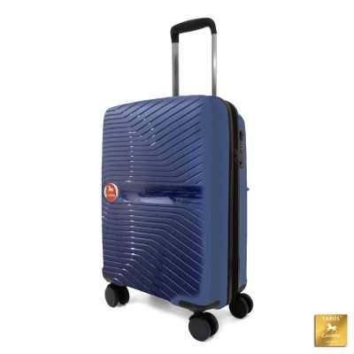 Mala de viagem rígida azul escuro com padrão em relevo e rodas giratórias
