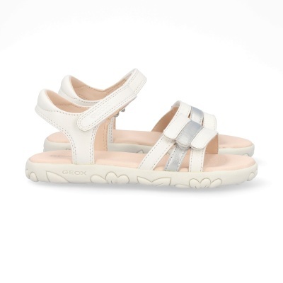 Sandálias infantis Geox brancas com detalhes prateados e fecho de velcro