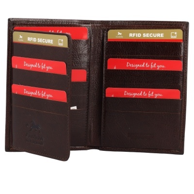 Carteira castanha de pele aberta com cartões vermelhos e dourados visíveis