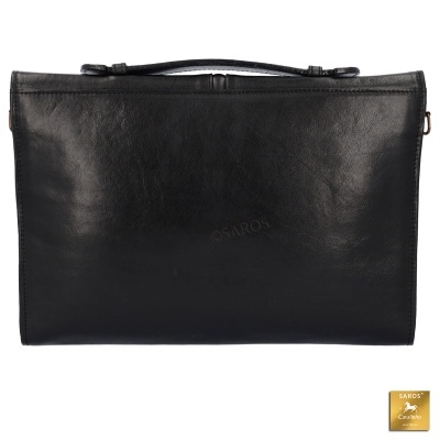 Pasta de mão preta em pele lisa com asa e selo dourado SAROS Collection