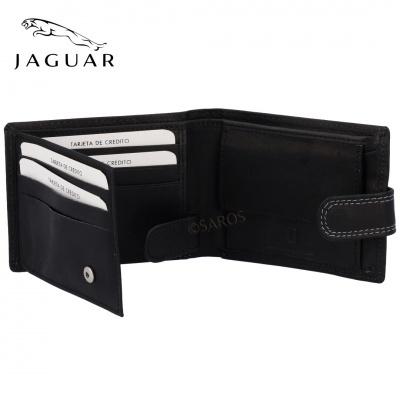 Carteira masculina em couro preto com compartimentos para cartões e fecho