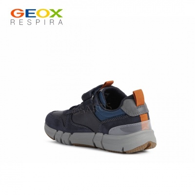 Ténis Geox azul escuro para criança com sola cinzenta e detalhes laranja