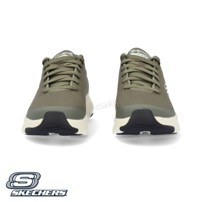 Sapatilhas Skechers malha verde-oliva com sola branca e preta vistas frontalmente