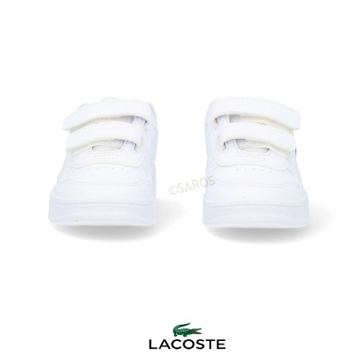 Ténis infantis brancos com tiras de velcro e logotipo Lacoste