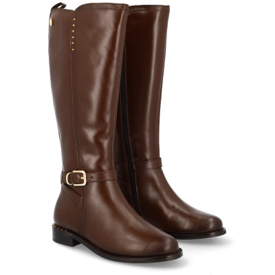 Botas altas castanho escuro com fivela e tachas douradas