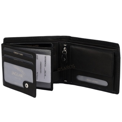 Carteira preta de couro com divisórias para cartões e documentos