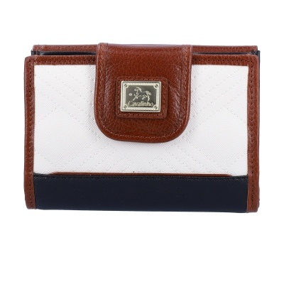 Carteira branca com detalhes castanhos e pretos e placa metálica Cavalinho