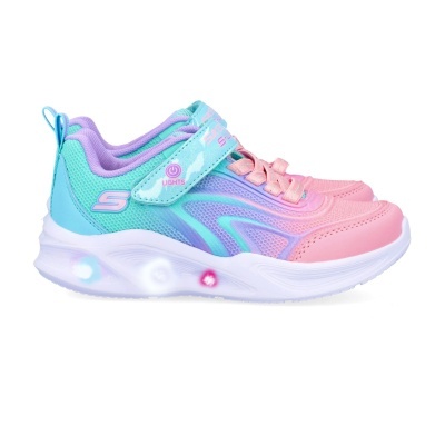 Ténis infantil Skechers rosa, azul e lilás com luzes na sola