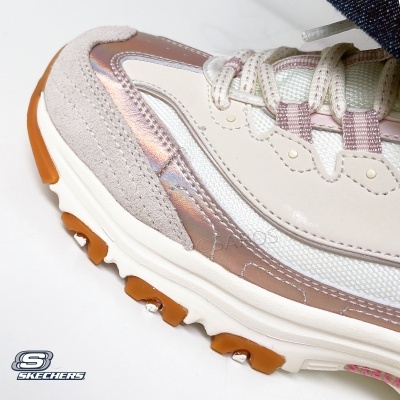 Ténis Skechers rosa metálico bege branco com sola castanha