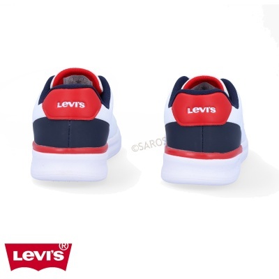 Ténis Levi's azul, branco e vermelho vistos de trás