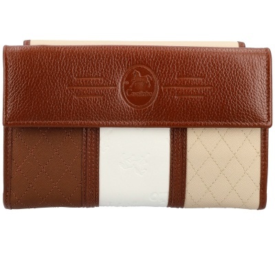 Carteira Cavalinho em pele castanha e tecido com padrão de losangos e faixa branca central.