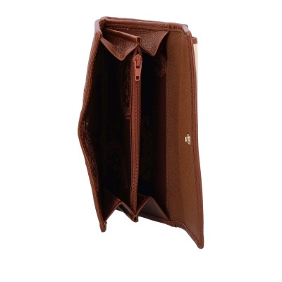Carteira castanha sintética aberta com compartimentos e fecho