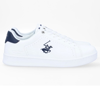 Ténis brancos com detalhes azuis e logótipo bordado de cavaleiro a cavalo