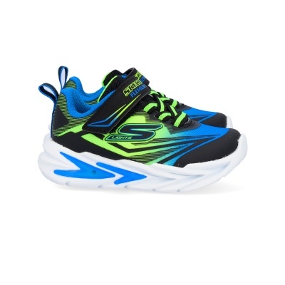 Ténis infantis azul, verde neon e preto com velcro Skechers e sola branca azul