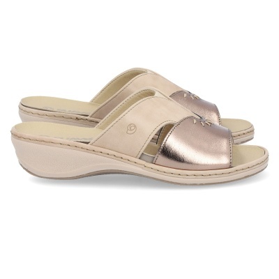 Sandálias de senhora beige e metálicas, chinelo confortável
