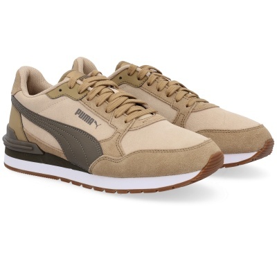 Par de sapatilhas Puma bege com detalhes castanhos e cinzentos