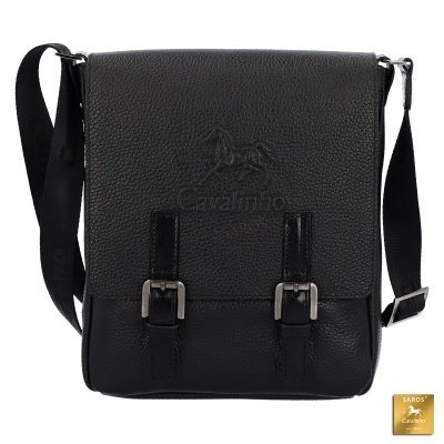 Mala tiracolo preta Cavalinho em couro com fechos metálicos prateados