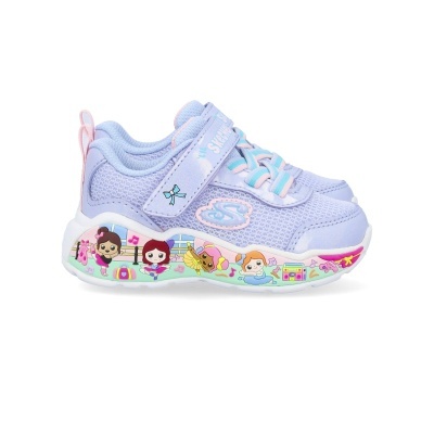 Ténis infantis Skechers lilás com personagens de bailarinas na sola e fecho velcro.