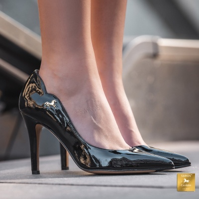 Sapatos femininos salto alto preto verniz biqueira pointed