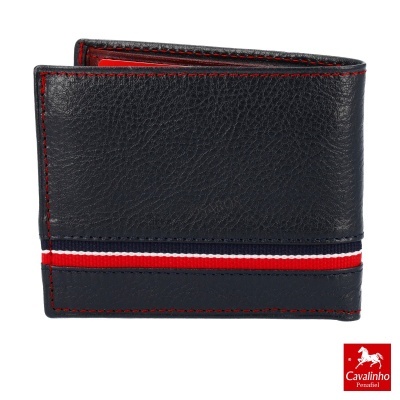 Carteira masculina em pele preta com faixa tricolor e costuras vermelhas