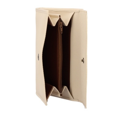 Carteira bege aberta mostrando interior castanho e compartimentos