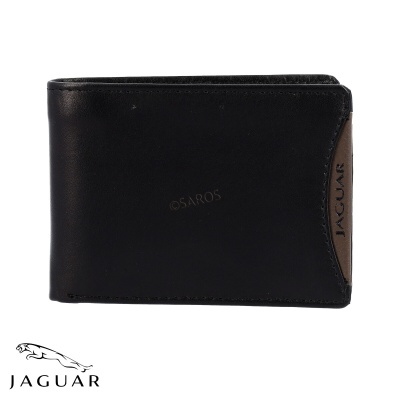 Carteira masculina em pele preta com detalhe castanho e texto JAGUAR