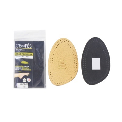 Conjunto de palmilhas em couro amarelo e tecido preto com embalagem transparente