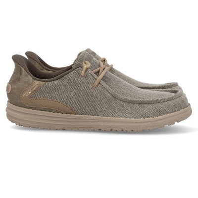 Sapatilhas Skechers Slip-Ins cinzentas com atacadores e sola bege sobre fundo branco