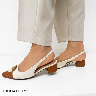 sapatos de salto médio creme e castanho com cinta atrás