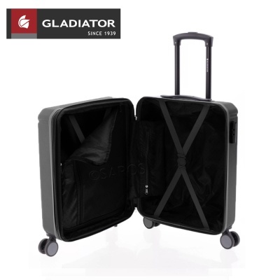 Mala de viagem rígida cinza aberta com alça telescópica e quatro rodas