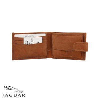 Carteira de pele castanha aberta com compartimentos e cartão visível