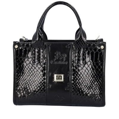 Mala de mão preta brilhante com padrão pele de réptil e placa metálica Cavalinho