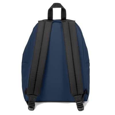 Mochila azul escura com alças pretas acolchoadas vista de trás