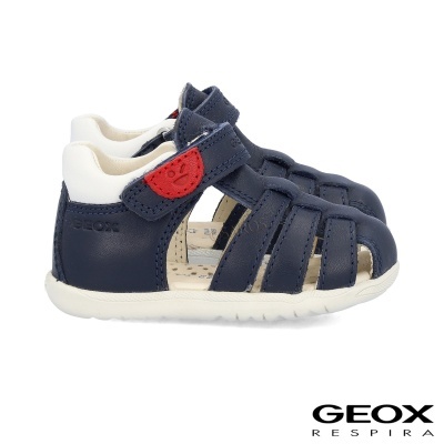 Sandálias de bebé azul escuro com fecho de velcro vermelho e sola branca