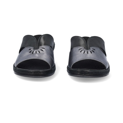 Sandálias masculinas de couro preto e cinzento com abertura frontal