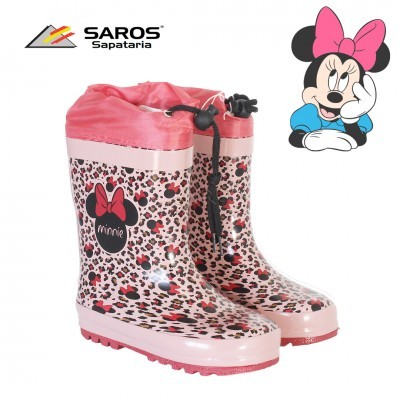 Galochas infantis com padrão de leopardo e personagem Minnie Mouse, detalhes rosa e cordão de ajuste