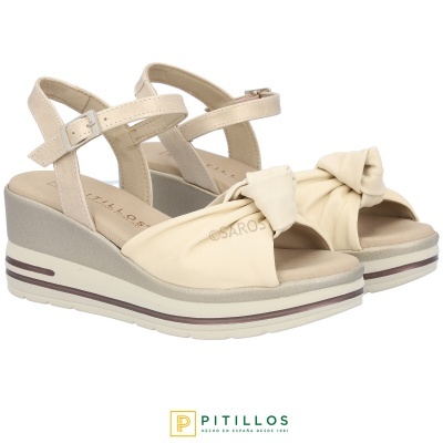 Sandálias de cunha femininas bege e creme com nó e fivela Pitillos