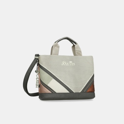 Mala de mão cinza bege castanha e verde com padrão geométrico e etiqueta Anekke