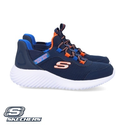 Ténis Skechers azul escuro com detalhes em laranja e sola branca