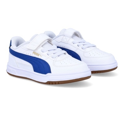 Sapatilhas infantis PUMA brancas com risca azul e sola castanha
