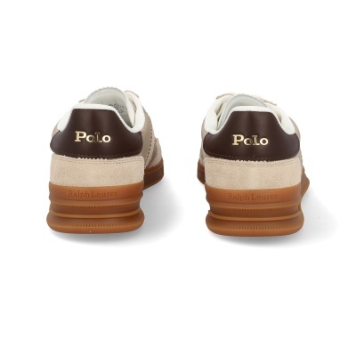 Par de sapatilhas Polo Ralph Lauren bege e castanho vista traseira
