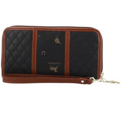 Carteira preta e castanha com padrão acolchoado e texto Cavalinho